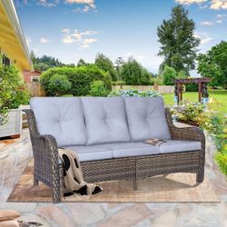 Wicker Outdoor Patio 3-Seat Sofa Sectional Couch with Gray Cushions