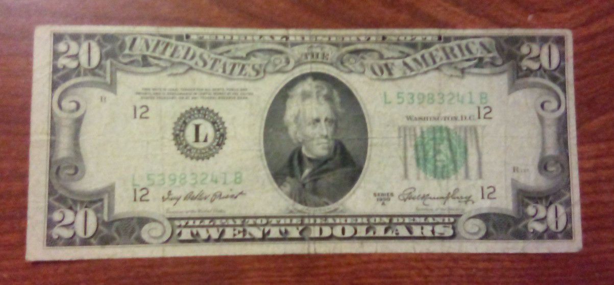 USA America 1950 Vintage $20 Dollars Bill Banknote Currency 