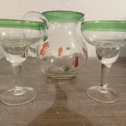 Hand Blown Pitcher (1)  & Glasses (2)