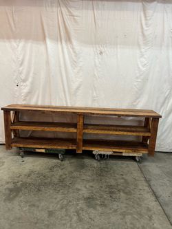 Console table Rustic Reclaimed Wood Shelving Unit on Casters 100” length 17”width 28”1/2 height