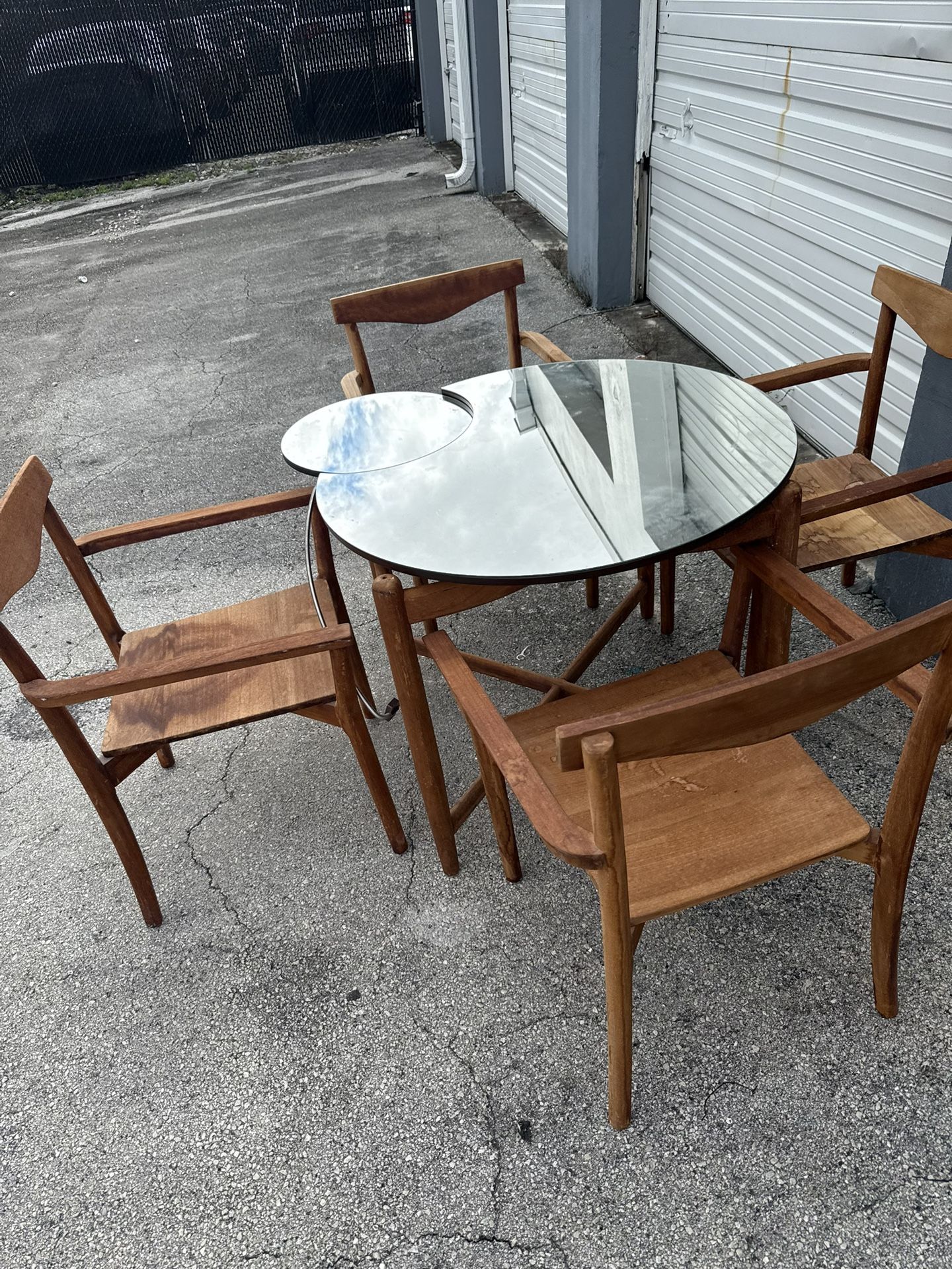 Mid-Century Modern Style Wooden Table Set Four Chairs Glass 