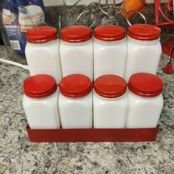 MILK GLASS SPICE JARS ON RACK