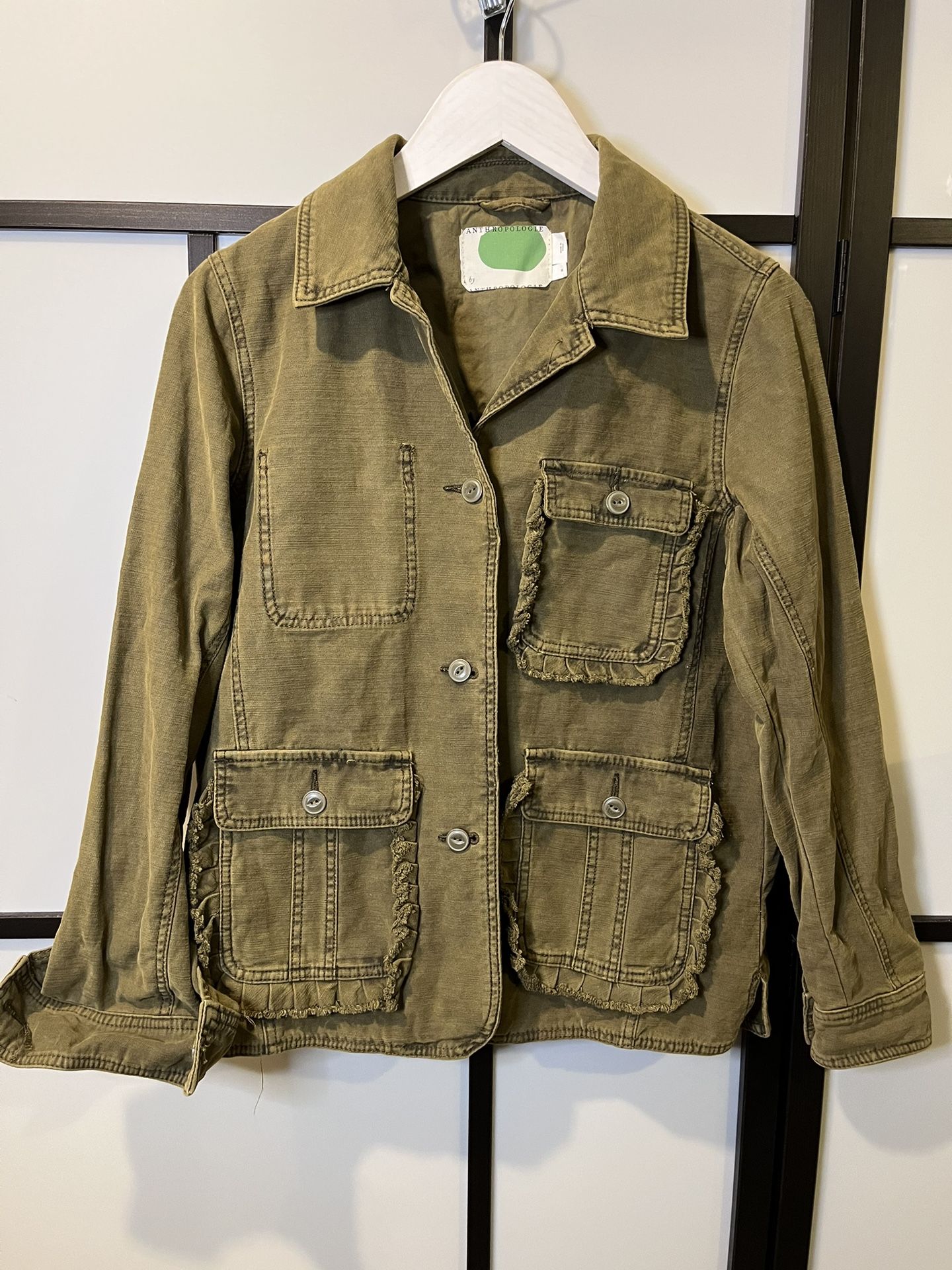 Anthropologie Utility Ruffled Olive Army Green Distressed Jacket Sz S Utility