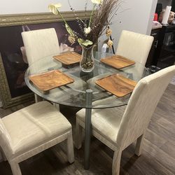 Round Glass Table W/4 Chairs And Blue Full Size Couch Accent Chair 