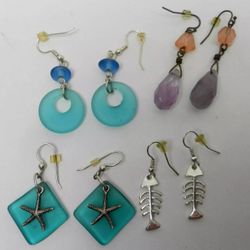 4 pair dangle earring lot coastal aqua blue purple silver fish starfish