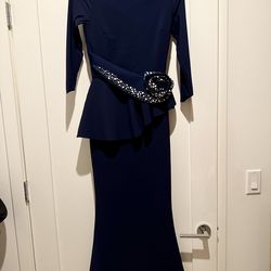 Chiara Boni La Petite Robe Navy Asymmetric Peplum Dress with Pearl Rosette Detail