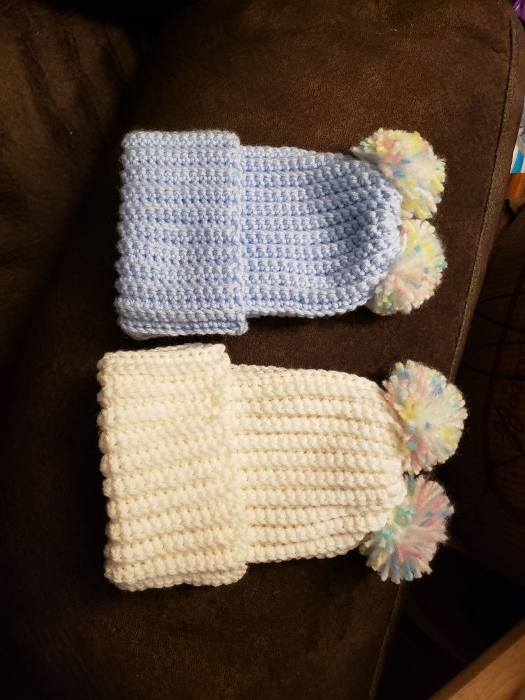 Pom pom or double pom hats made to order. Will make any size hat in whatever color you prefer.