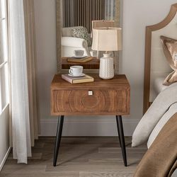 Mid-Century Nightstand, Modern MDF Bedside Table, Wood Accent End Table with One Storage Drawer for Bedroom Living Room, Brown