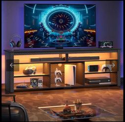 71 in. Black Marble TV Stand Entertainment Center Fits TV's up to 75 in. with LED Lights and Adjustable Shelves