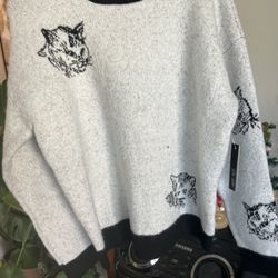 New Large Kitty Cat Sweater Grey Black Sweater Cardigan 
