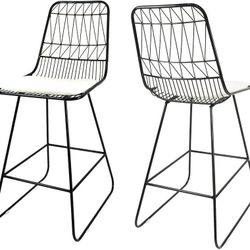 2, Geometric Black Iron, Ivory Cushioned Counter Height Stools