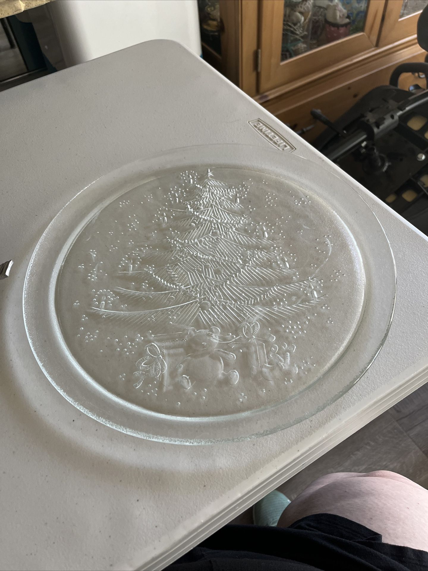 Vintage Christmas Plate Platter. Etched Glass Holiday Christmas Tree And Teddy 