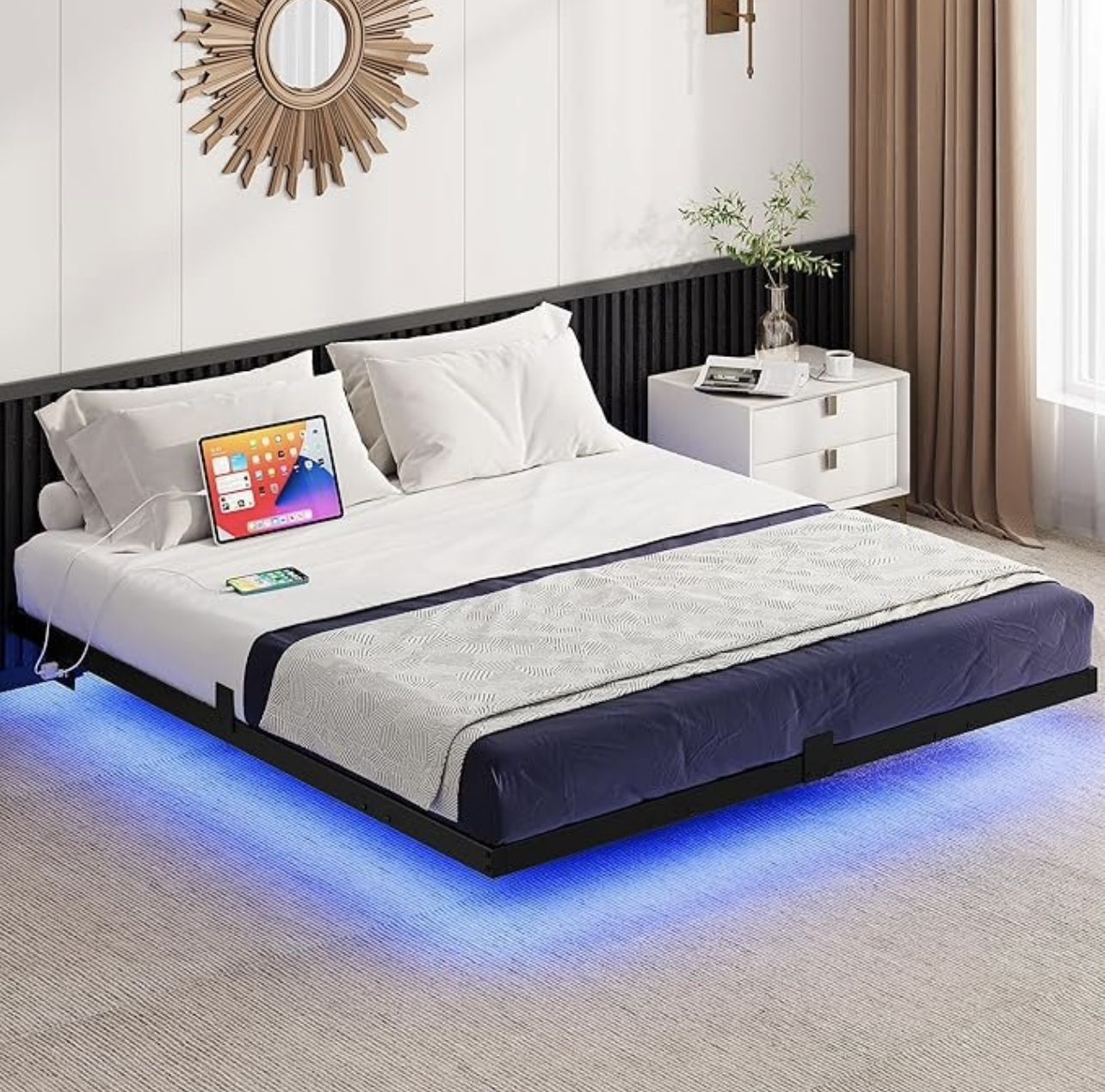 BED FRAME QUEEN SIZE WITH LED LIGHTING AND CHARGING STATION BRAND NEW IN BOX!!!
