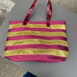 SILK ELEMENTS HOLIDAY TOTE  By Sally Beauty Deep Red w/Gold Stripes 