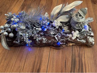 Handcrafted Winter Log Centerpiece with Blue Lights & Bird – Gee & Wood Crafts
