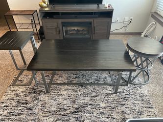 Dark Wood Coffee Table Set with Metal Legs