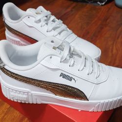 Puma Women's Carina 2.0 White, Metallic Gold Sides & Silver Back ♡ Size: 8.5