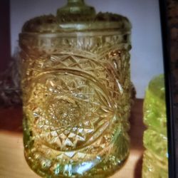 Crystal  Canaster Set  Yellow Perfect Heavy Vintage 