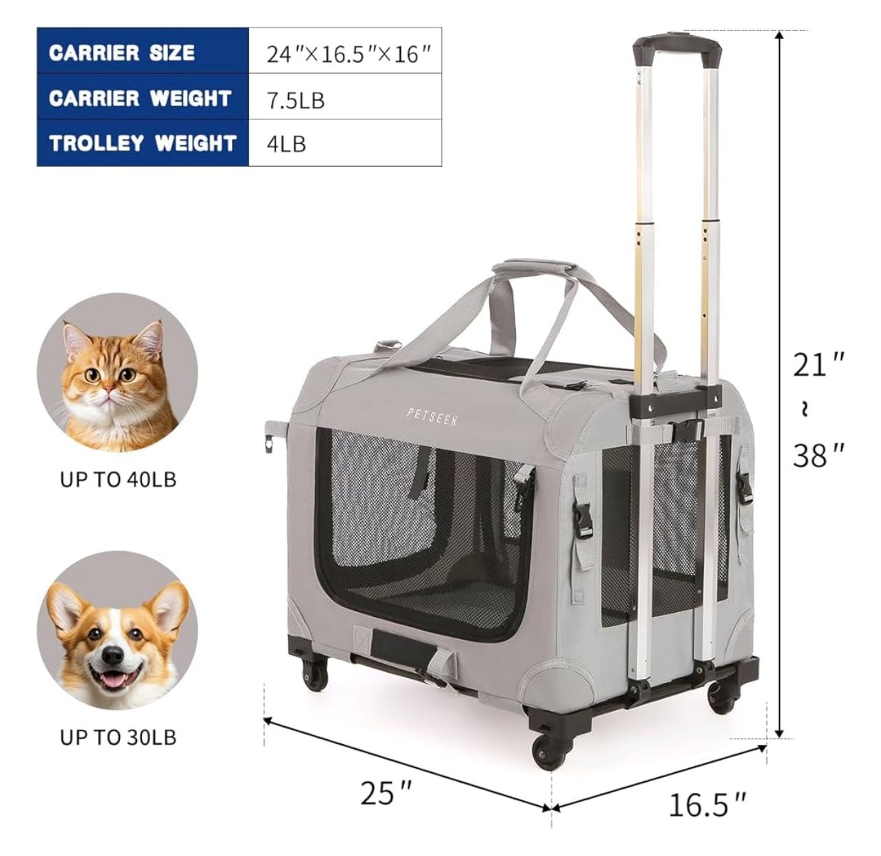 New Extra Large Cat Carrier Soft Sided with Wheels Folding Small Medium Dog Pet Carrier