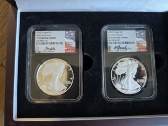 2x 2023 S SILVER EAGLE SET PF70 SIGNED BY DAVID RYDER AND MICHAEL GAUDIOSO