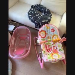 LOW PRICE MOVING- 3 BABY ITEMS. BABY BATH, SWING ROCKER AND NURSING PILLOW 