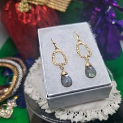 18kt Gold Pltd Natural Labradorite Dangle Earrings New 