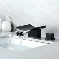 Grop Matte Black Waterfall Widespread Bathroom Sink Faucet Double Knobs