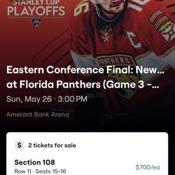 Panthers Vs Rangers Game 3 Sunday ECF Row 11 Behind Net 