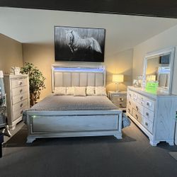 Grey King Bed, Dresser, Mirror And One Nightstand