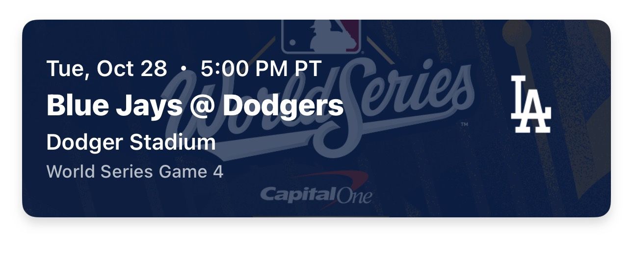 1 Ticket For Game 4 Tonight Dodgers Vs blue jays 313PL Row S