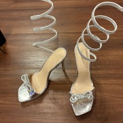Silver Rhinestone Spiral Ankle-Wrap Heels 