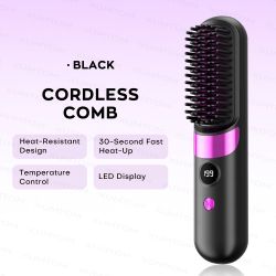 New Cordless Hair Straightener Brush - Black, USB Rechargeable, LED