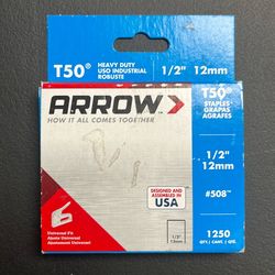Arrow T50 Heavy Duty Staples 1/2” (12mm) #508 – 1250 Count (New)