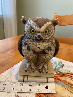 Vintage ceramic great horned owl on stack of books ceramic artist signed Andrea Sadek, statue.