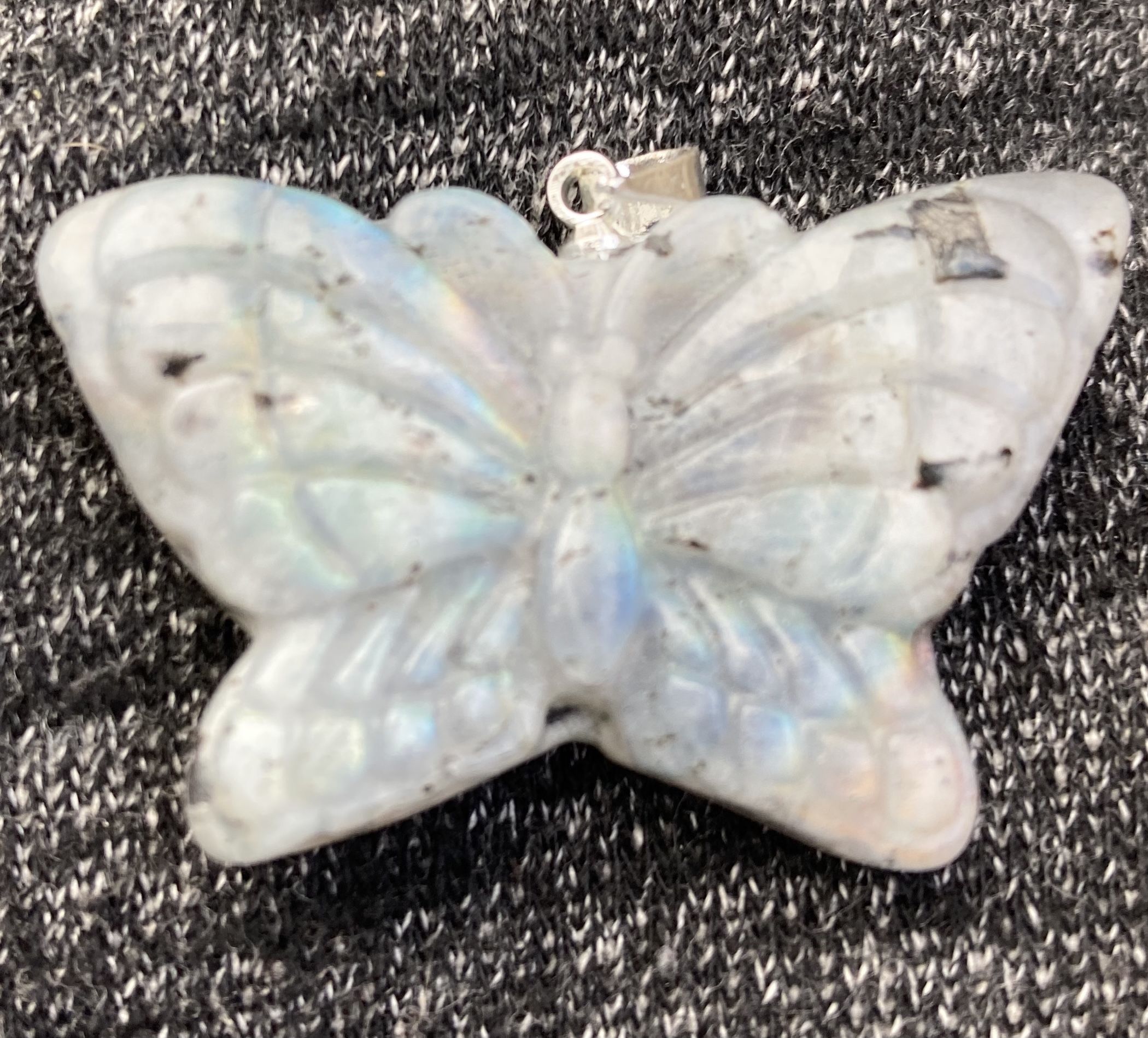 Hand Carved Labradorite Butterfly Necklace W/ 14 Inch Silver Chain