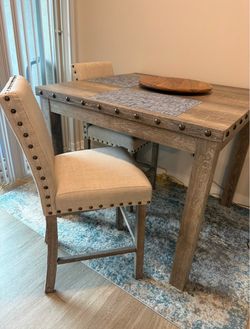 3 Piece Counter Height Dining Set - Rustic Farmhouse Bar Table & Stools (Beige)
