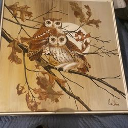 Vintage 1970S Frame Of Two Owls Pursed On A Tree Signed Collins