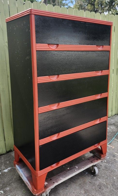 Five-Drawer Chest Of Drawers, Painted Black And Red