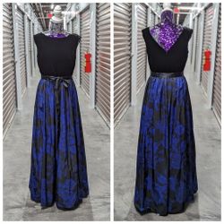 Aidan Maddox Size 12 Aline Blue Black Floral Print Maxi Dress Gown Prom Formal