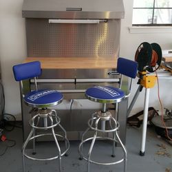 Kobalt Stainless Steel Workbench and Two Adjustable Bar Stools for