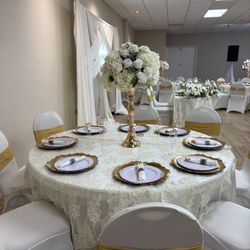 Ivory Chairs Covers Gold Sashes & Ivory Satin Round Linens