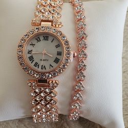 Rose Gold Quartz Watch And Bracelet And Rhinestones 