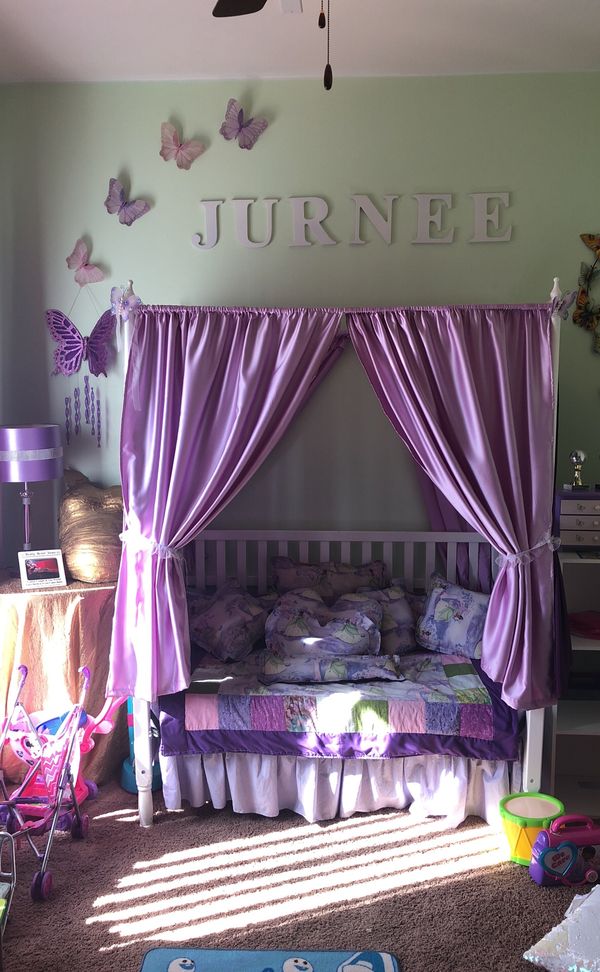 Crib, toddler bed, Canopy, silk custom Princess Tiana bedding, and