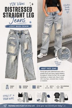 Title: Y2K Distressed Straight Leg Jeans – Light Wash Streetwear Denim