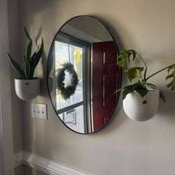 Entryway Wall Mirror + Two Wall Planters With Plants