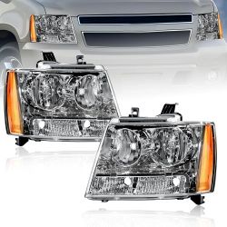 Headlights for 2007-2013 Chevy Tahoe Avalanche Suburban 1500 2500 Chrome Housing Amber Reflector 2PC Front Right Left Lights Headlamps