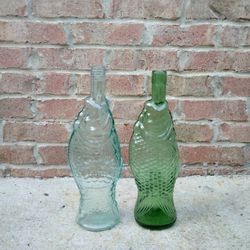 Vintage Light/Dark Green Glass Fish-Shaped Bottles