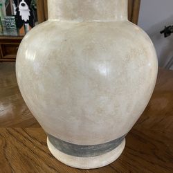Large Beige Vintage Ceramic Vase with Dark Green Band Around Base