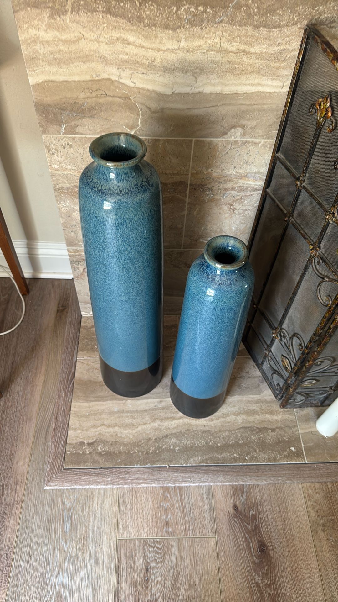2 Large Blue And Black Pottery Vases