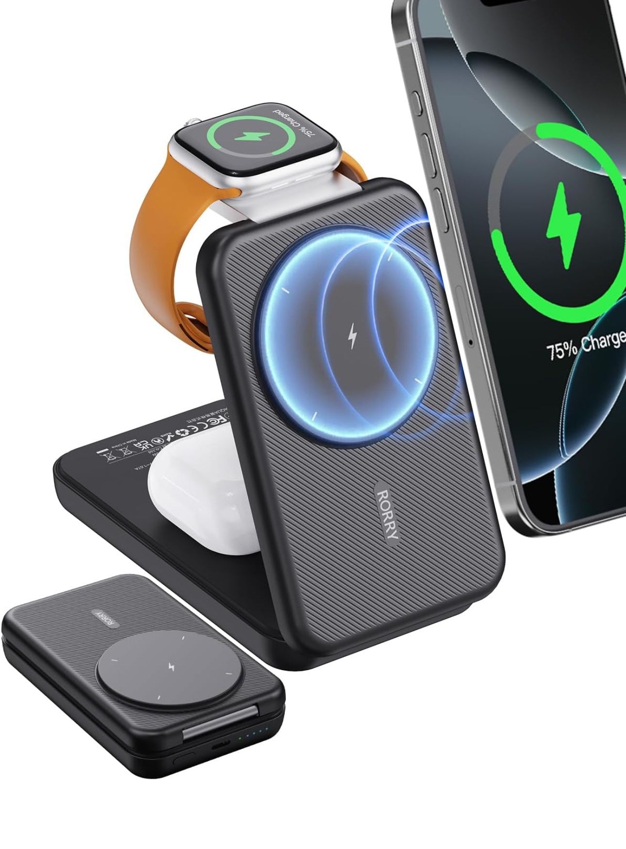 RORRY Portable Charger, 3-in-1 Charging Station 10000mAh Portable Charger Power Bank for MagSafe Foldable Battery Pack Travel for iPhone 16/15/14/13/1